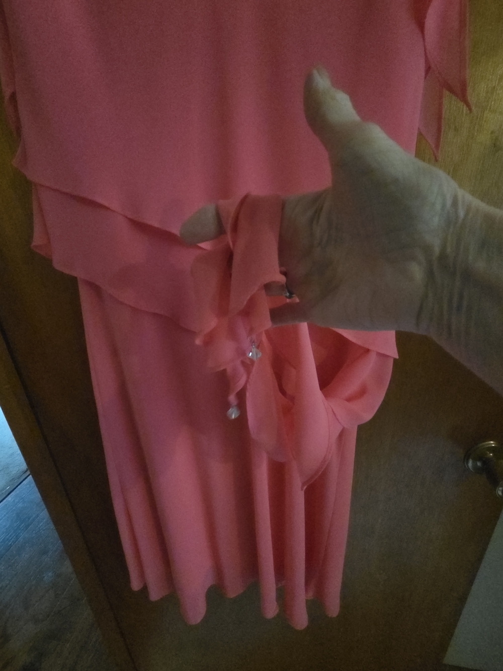 Joseph Ribkoff Coral-Pink Asymmetrical Ruffle Dress - Picture 3 of 6